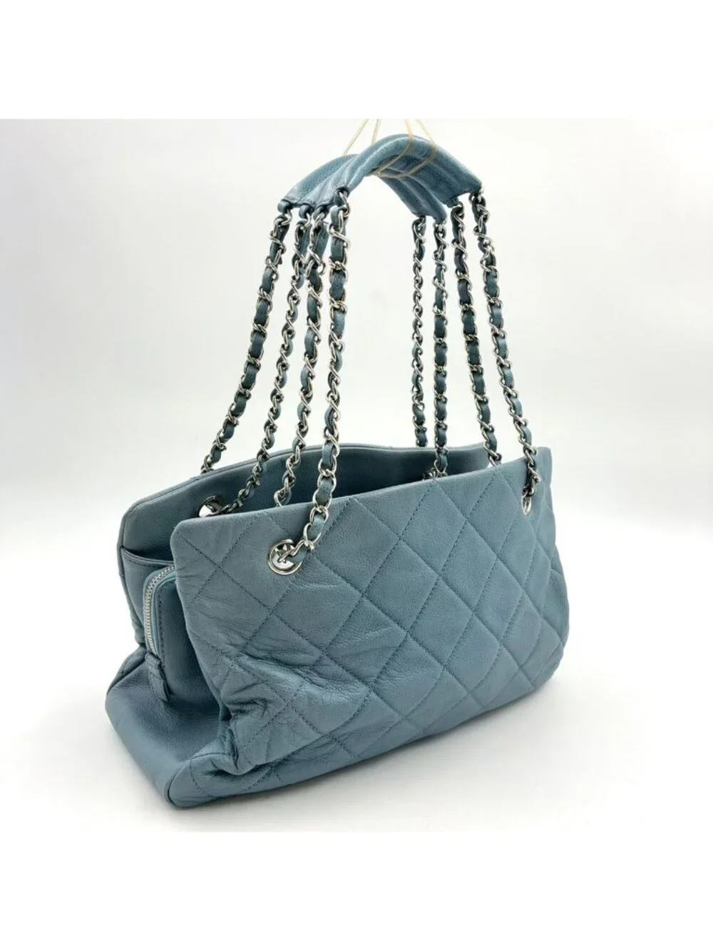 Chanel CC Logo Quilted Caviar Leather Blue Chain Shoulder Bag Silver